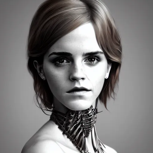 Image similar to beatifull frontal face portrait of Emma Watson, biomechanical sculpture, mandelbrot fractal, intricate, elegant, highly detailed, ornate, elegant , luxury, beautifully lit, ray trace, octane render in the style of Gerald Brom and James gurney