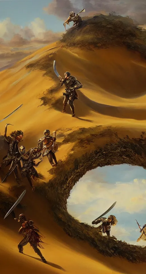 Image similar to oil painting of four sword wielding adventures traveling through a dune, 4 k, detailed, landscape