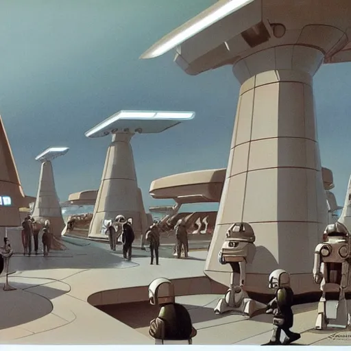 Image similar to ralph mcquarrie concept art of a futuristic mcdonalds. a space station is seen off in the distance with various droids and people walking in the foreground.