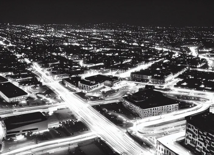 Prompt: looking up at a sprawling building complex seen from a dark parking lot in los angeles at night. 1 9 9 0 photo by james cameron