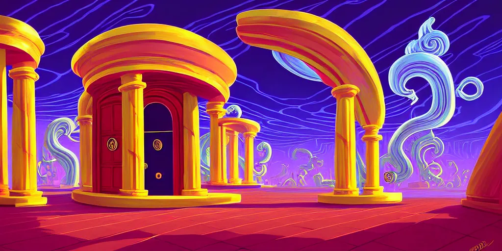 Image similar to curled perspective digital art of curly clouds casino door with marble columns by anton fadeev from nightmare before christmas