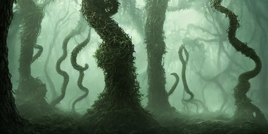 Image similar to monster - trees made from snakes in futuristic spiritual mystical post apocalyptic forest by, dim painterly volumetric aquatic lighting, beautiful, crisp, artstation, highly detailed