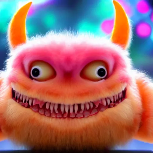 Prompt: an alien with a face that looks like a fuzzy peach the peach is fuzzy pink warm and ripe the alien has horns and a mean smile the alien has chicken feet cruel smile, 4k, highly detailed, high quality, amazing, high particle effects, glowing, majestic, soft lighting, detailed background, warmth