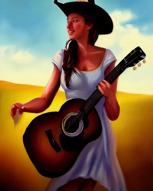 Image similar to a painting of a cowgirl playing a guitar and singing outdoors with texas hill - country in background, in the style of casey baugh, digital art