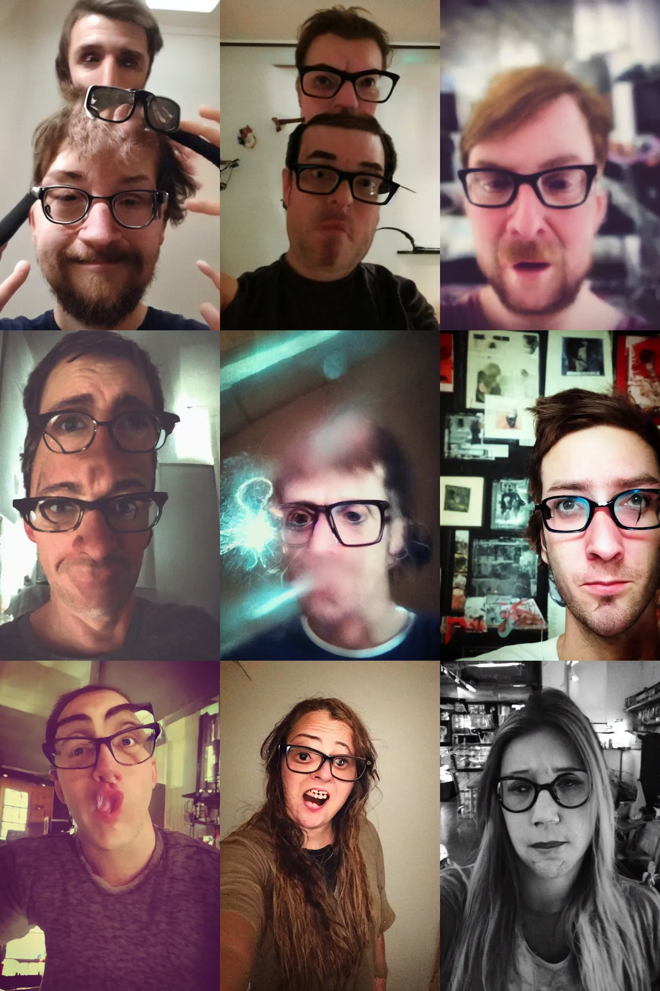 Prompt: the uncoolest person in the world, nerdy, selfie, noise, bad light, shaky