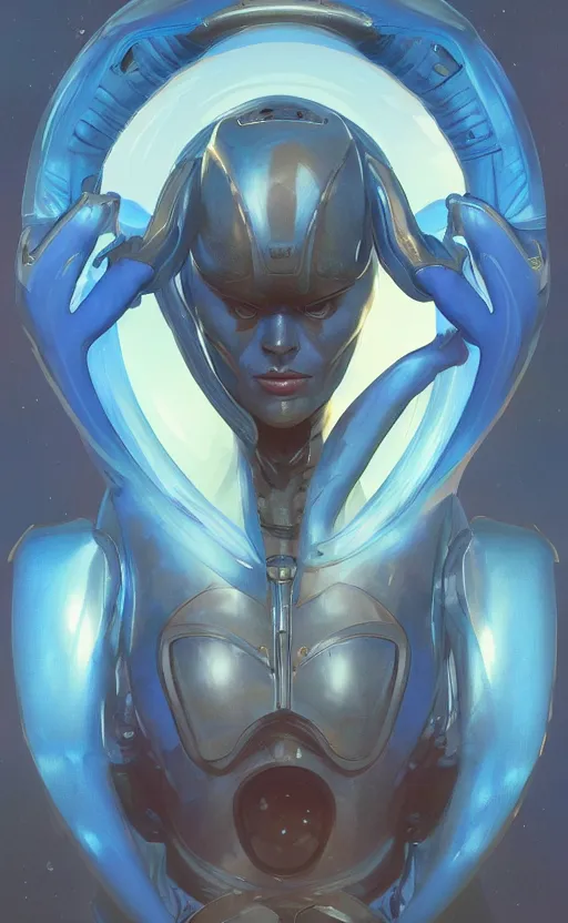 Image similar to portrait of a blue alien wearing a tight and smooth space suit, intimidating, intricate, headshot, highly detailed, digital painting, artstation, concept art, sharp focus, cinematic lighting, illustration, art by artgerm and greg rutkowski, alphonse mucha, cgsociety