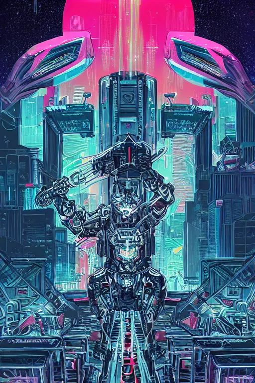 Image similar to wolf in a future cybernetic city with thunders in the sky , outrun style and colours, trending on arstation, by dan mumford, by ross tran, tarot card, symmetry