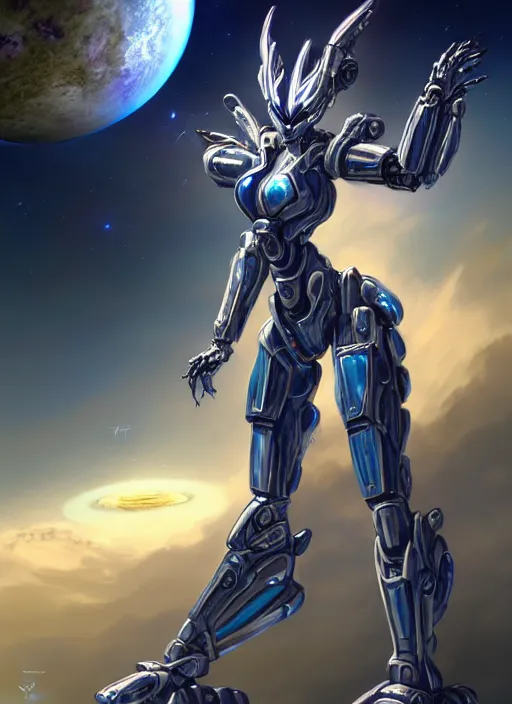 Prompt: goddess shot, galactic sized perfect stunning beautiful anthropomorphic robot mecha female dragon, in space, larger than planets, posing elegantly, with earth in clawed hands, detailed silver armor, epic proportions, epic size, epic scale, ultra detailed digital art, furry art, macro art, dragon art, giantess art, warframe fanart, furaffinity, deviantart