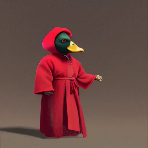 Image similar to portrait of cute mallard duck, glowing red eyes, wearing cultist red robe, doing witchcraft inside a castle, expressive oil painting, digital art, octane render