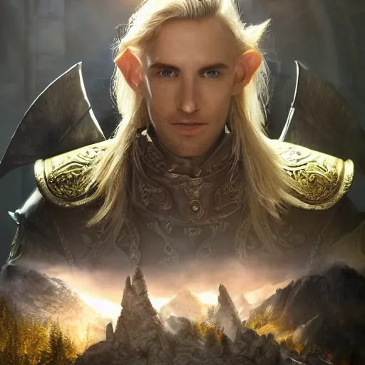 Image similar to the elder scrolls vi, charismatic regal blonde high elf male jarl, portrait, exquisitely designed throne room, atmospheric lighting, painted, intricate, volumetric lighting, beautiful, daytime, sunny weather, sharp focus, deep colours, ultra detailed, by leesha hannigan, ross tran, thierry doizon, kai carpenter, ignacio fernandez rios