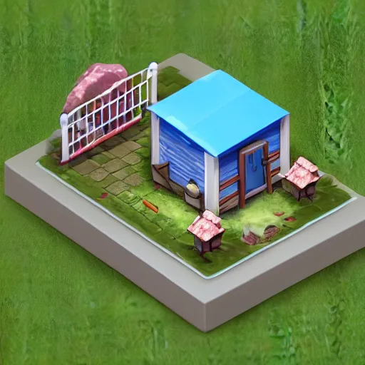 Image similar to small cute mobile game house, 1 0 0 mm, isometric, diorama, blue background,