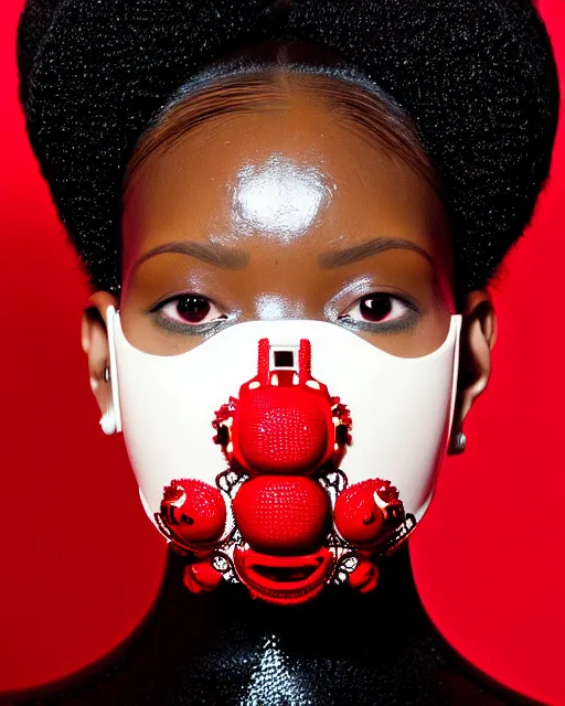 Image similar to symmetrical close - up portrait of a black woman wearing red silicone embroidered beauty mask and hair buns, wearing a black bodysuit by alexander mcqueen, cream white background, soft light, biotechnology, humanoide robot, bjork aesthetic, translucent, by rineke dijkstra, intricate details, highly detailed, masterpiece,
