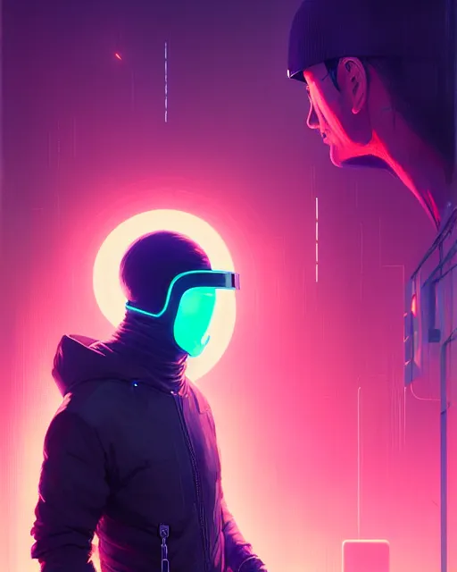 Image similar to cyberpunk synth, hyper - realistic detailed portrait of a man in a hoodie, with neon visor mask, dynamic pose, by atey ghailan, by greg rutkowski, by greg tocchini, by james gilleard, by joe fenton, by kaethe butcher, sharp focus