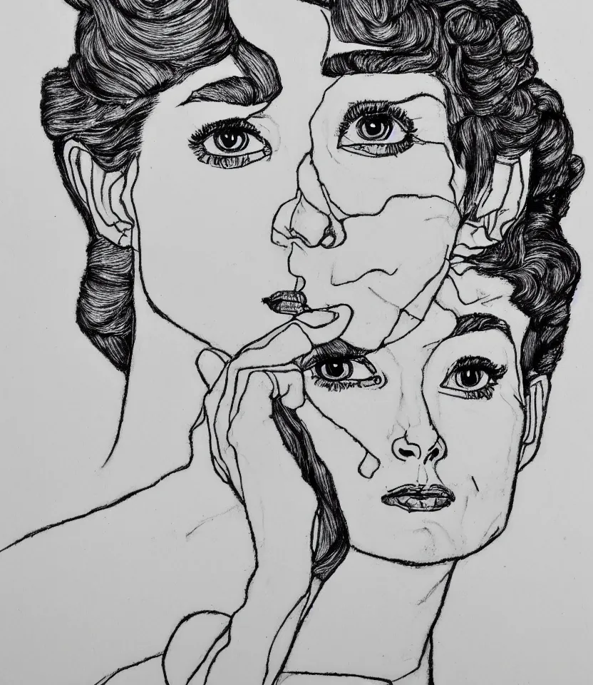 Image similar to detailed line art portrait of audrey hepburn, inspired by egon schiele. contour lines, twirls, curls, curves, strong confident personality