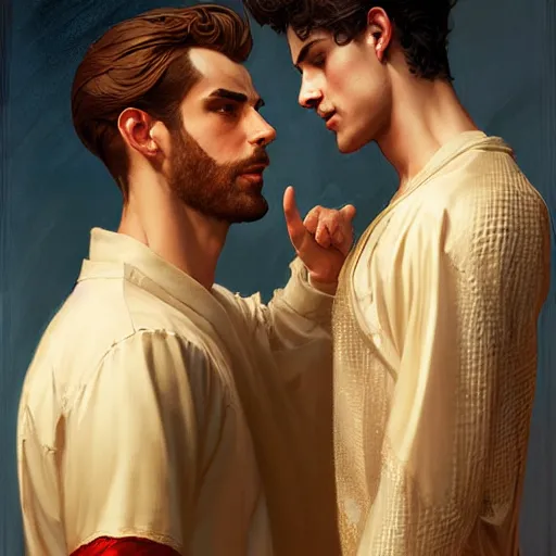 Image similar to attractive fully clothed king confesses his love for his attractive fully clothed male prince. highly detailed painting by j. c. leyendecker, craig mullins, tom bagshaw,