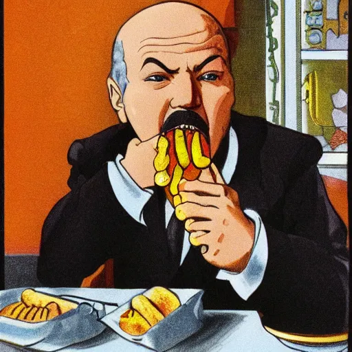 Prompt: lenin eating a hot dog, anime