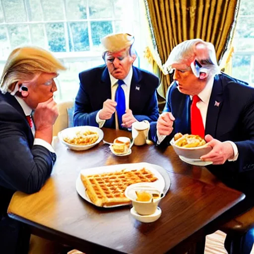 Image similar to photograph of trump and Biden sitting and eating breakfast at a Wafflehouse