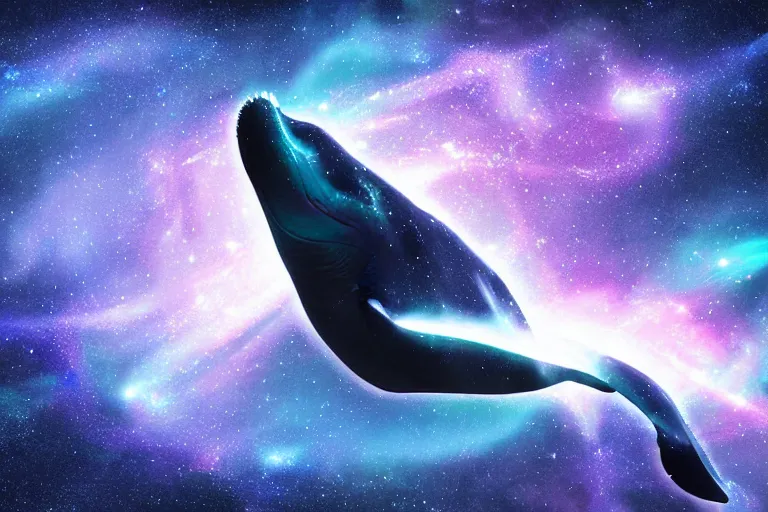 Prompt: a bioluminescent humpback whale swimming through a space nebula leaving stardust trails, digital art, photorealistic