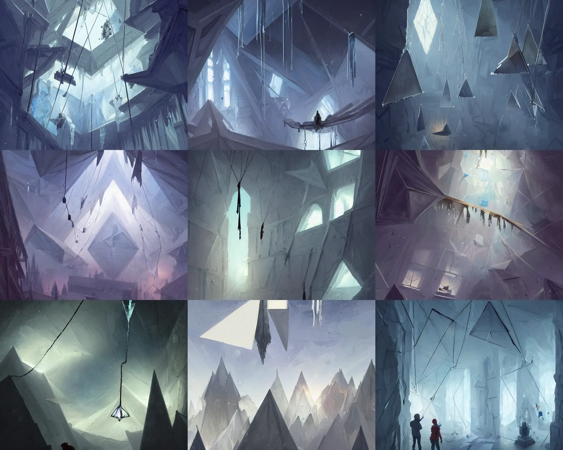 Prompt: ice hanging from the ceiling making art and triangles in space being caught with large walls coming from the ground in a museum, painters, origami, spires, light dust, magnificent, close up, details, sharp focus, elegant, highly detailed, illustration, by Jordan Grimmer and greg rutkowski and PiNe(パイネ) and 薯子Imoko and 香川悠作 and wlop and maya takamura, intricate, beautiful, Trending artstation, pixiv, digital Art