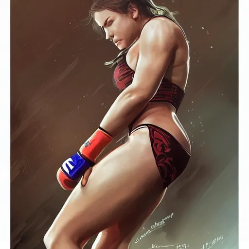 Image similar to female mma fighter, round about to start, intricate, elegant, highly detailed, digital painting, artstation, concept art, smooth, sharp, focus, illustration, art by artgerm and greg rutkowski and alphonse mucha