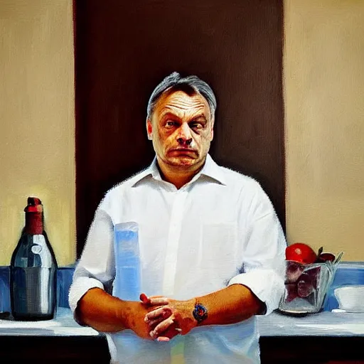 Image similar to viktor orban in his kitchen, oil painting