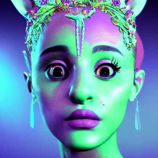 Image similar to Portrait of salvia trip faerie goddess Ariana Grande. Claymation. intricate abstract. intricate artwork. nightmare fuel. by Dave McKean. octane render, trending on artstation, greg rutkowski very coherent symmetrical artwork. cinematic, hyper realism, high detail, octane render, 8k, iridescent accents