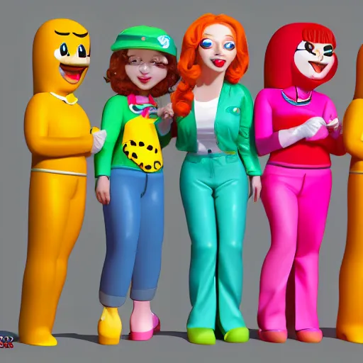 Image similar to christina hendricks as 7 7 gumball characters, 3 d render, blender,