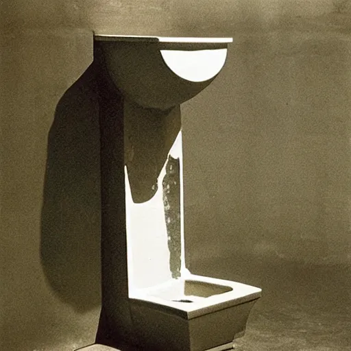 Prompt: a art documentation of Fountain, an upside down urinal, readymade object by Marcel Duchamp in the style of Anne Imhoff