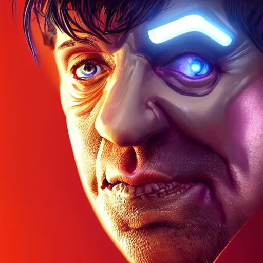 Image similar to portrait of a cyborg sylvester stallone, metallic skin, led lights, high technology inplants, mattepainting concept blizzard pixar maya engine on stylized background splash comics global illumination lighting artstation lois van baarle, ilya kuvshinov, rossdraws