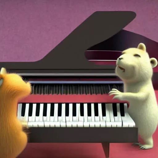 Prompt: Capybara playing on piano at the stage, made by Pixar studio, music cover art,