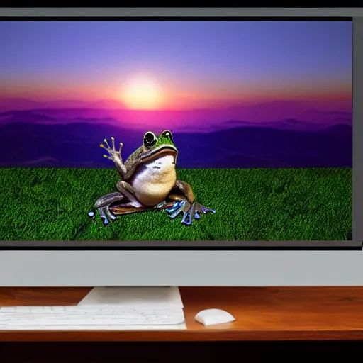 Image similar to frog on a beuatifull hill watching a sinset as he sits behind a computer, photorealistic