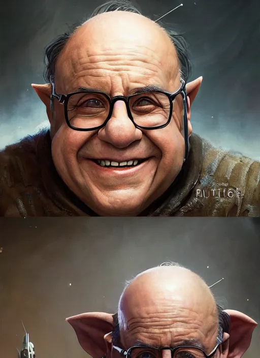 Image similar to Portrait of Danny Devito biopunk scientist with elven ears, He is working on trinkets on a table, realistic, detailed, 4k by Greg Rutkowski Mark Arian trending on artstation