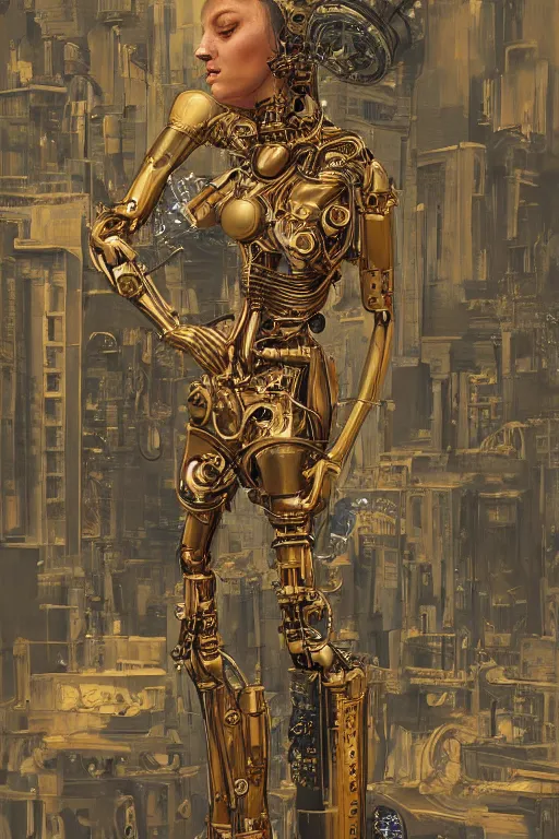 Prompt: brass semi - mechanical woman, portrait, floral art novuea dress, art by moebius, oil on canvas, in steampunk cityscape, golden hour, robotic prosthetic limbs