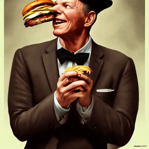 Prompt: portrait of a Frank Sinatra eating a hamburger, extra onions and ketchup, luscious patty with sesame seeds, masculine, handsome, D&D, fantasy, intricate, elegant, highly detailed, digital painting, artstation, concept art, matte, sharp focus, illustration, art by Artgerm and Greg Rutkowski and Alphonse Mucha