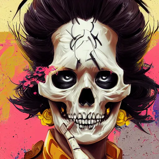 Image similar to anime manga skull portrait young woman skeleton, marge simpsons, painterly, logo, graffiti, elegant, highly detailed, digital art, art by jc leyendecker and sachin teng