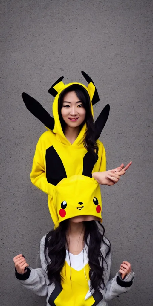 Image similar to A asian girl wearing a Pikachu hoodie, cosplay, studio ilumination, professional, trend in Instagram, 4k