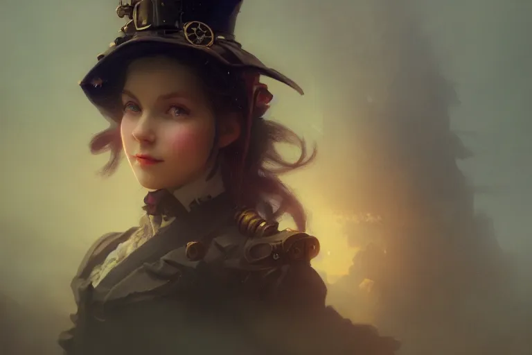 Image similar to Steampunk girl, portrait, evil, smile, grin, painting by Ivan Aivazovsky and Greg Rutkowski, artstation, fantasy, intricate, beautiful, cinematic, octane render, arnold render, 8k, hyper realism, detailed, sharp focus, 4k uhd, masterpiece, award winning