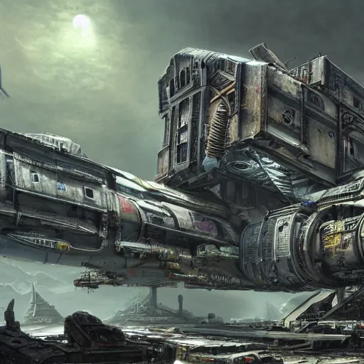 Image similar to a beautiful highly detailed matte painting of a huge derelict cargo starship, Space Hulk, WarHammer 40k by Jose Daniel Cabrera Pena and Leonid Kozienko, concept art