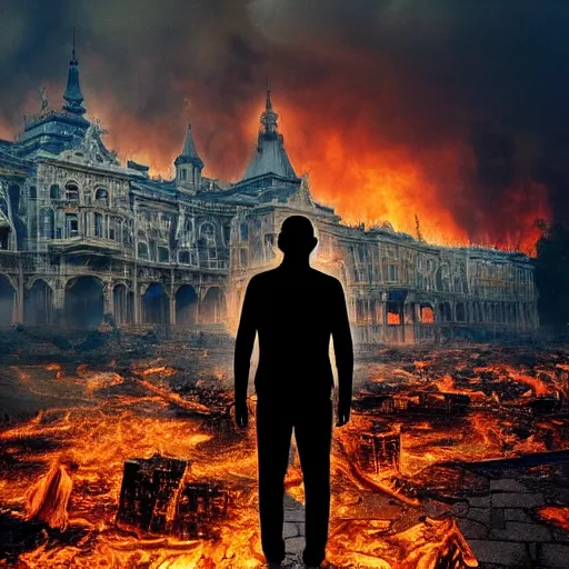 Image similar to the city is burning and fire is everywhere, palaces are collapsing world is getting destroyed just a man was standing alone crying while world is getting destroyed detailed picture HD