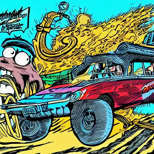 Image similar to gigantic swamp rat driving a hotrod comic - book drawing from mad - magazine pen and ink with full - color artwork, vector svg