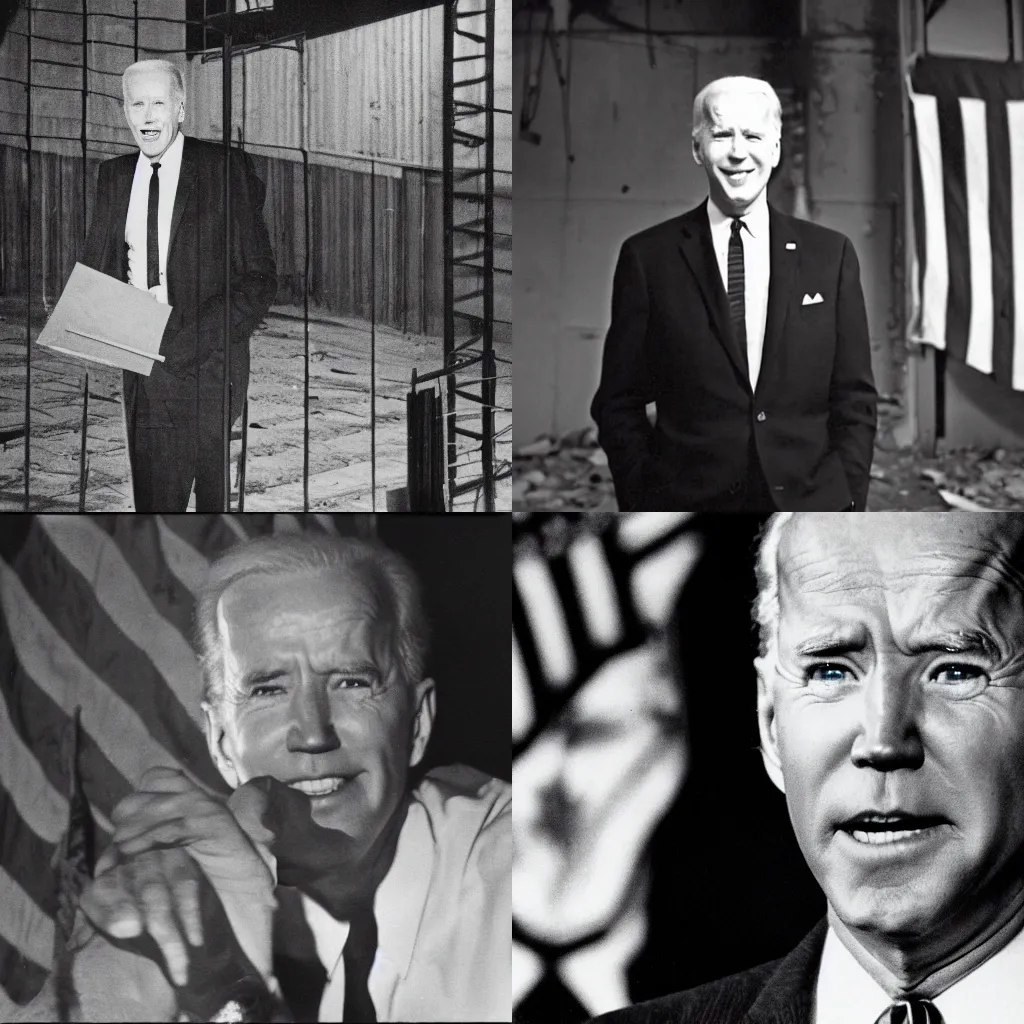 Prompt: black and white photo from 1 9 6 3 of ominous joe biden in an dark abandoned building, cursed image