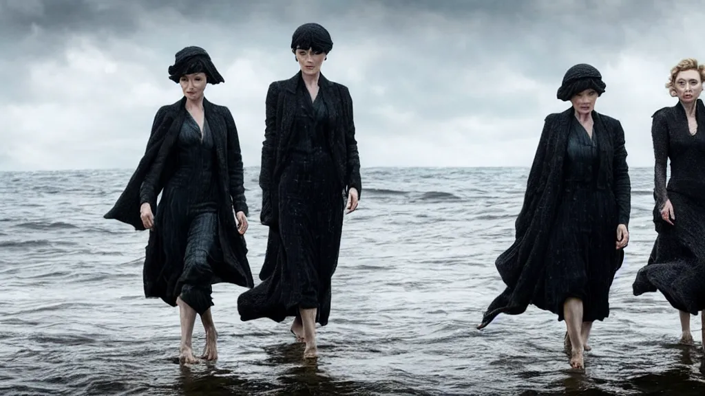 Prompt: photo of Helen McCrory and Annabelle Wallis coming out of the ocean, extreme detailed face, Peaky Blinders crew on the background, film still from the movie directed by Denis Villeneuve with art direction by Zdzisław Beksiński, wide lens