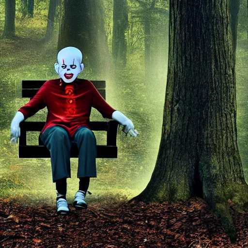 Prompt: pennywise sitting on a bench in the middle of a dark forest, sinister photo, realistic photo, by Stephen King, 8k