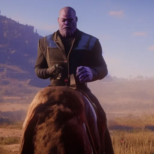 Prompt: Film still of Thanos in Red Dead Redemption 2 (2018 video game)