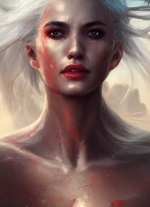 Prompt: a realistic detail portrait of a beautiful female angle has white hair in ocean, magic, dragon, oil painting by Julian calle, wlop, greg rutkowski, Finnian MacManus, Trending on artstation, red and yellow scheme, 8k, Unreal Engine