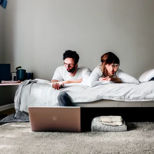 Prompt: man and woman in bed working on their laptops