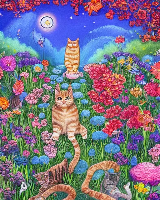 Prompt: a beautiful detailed painting of a cat heaven garden