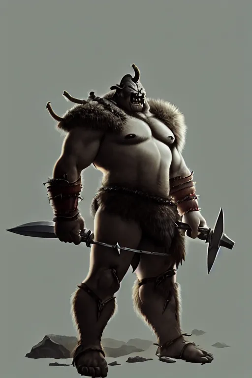 Image similar to orc barbarian wearing leather armor, full body shot, exquisite details, earth magic, mid view, design on a white background, by greg rutkowski, makoto shinkai, takashi takeuchi, studio ghibli