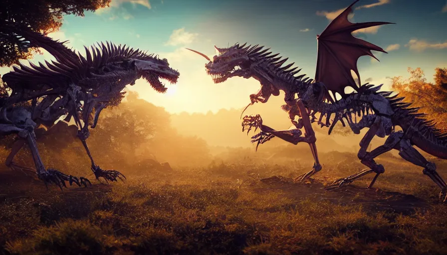 Image similar to hyper realistic highly detailed nature photography of a skeleton dragon, prehistoric planet, volumetric lighting, octane render, 4 k resolution, golden hour