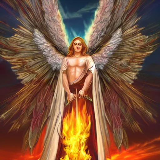 strong angel holding flaming sword in the sky | Stable Diffusion | OpenArt